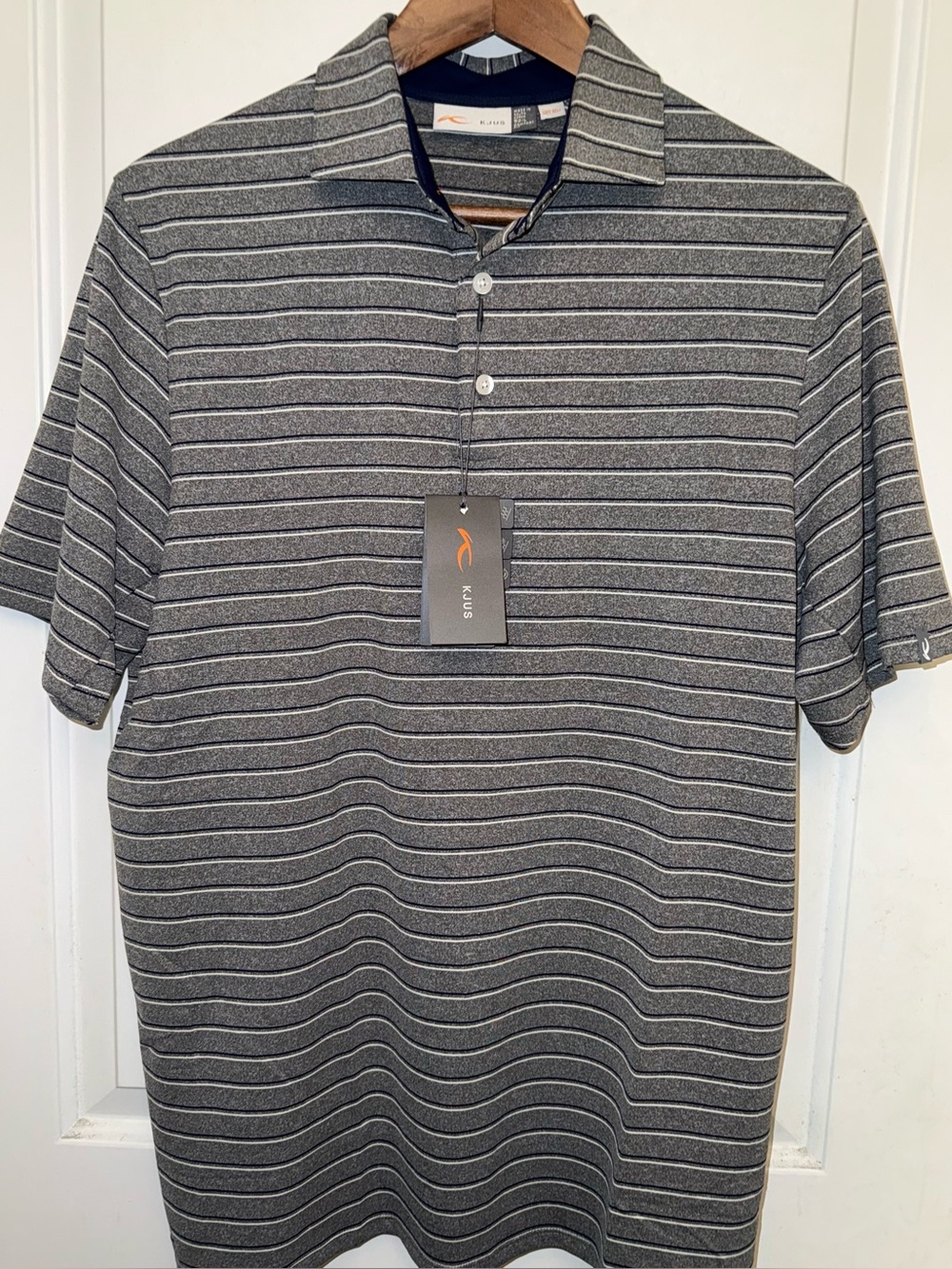 NWT KJUS Men's Soren Multistripe Short-Sleeve Performance Golf Polo in “Steel”